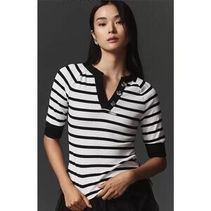 Maeve Anthropologie Striped Ribbed Henley Top Small White Black Crystal Trim D18
